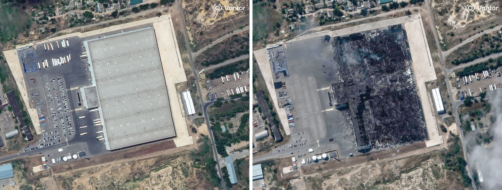 A pair of satellite images showing a warehouse before and after it burned down