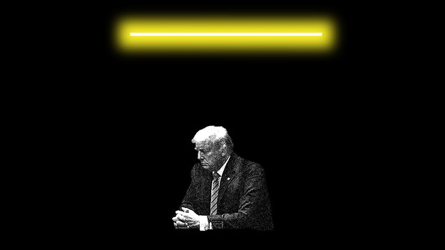 A photo illustration of Donald Trump surrounded by darkness, with a glowing bar of light above him