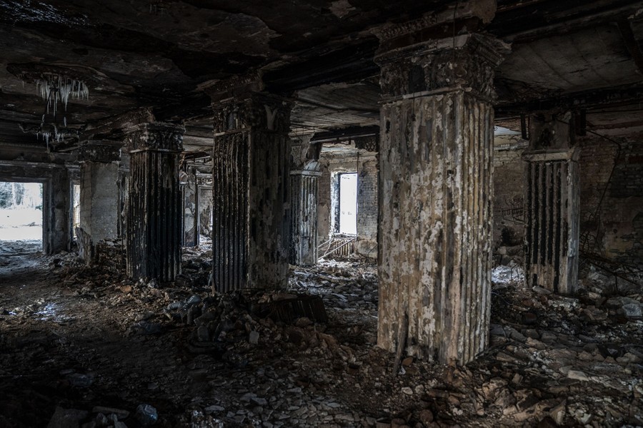 The interior of a building that has been bombed and burned
