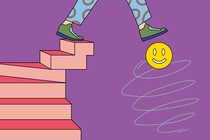 An illustration of a person walking off a series of steps with one foot about to buoyed up by a happy face.
