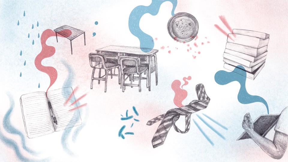 A pencil illustration with colored accents of a school desk, petri dish, pile of books, notebook, and tie