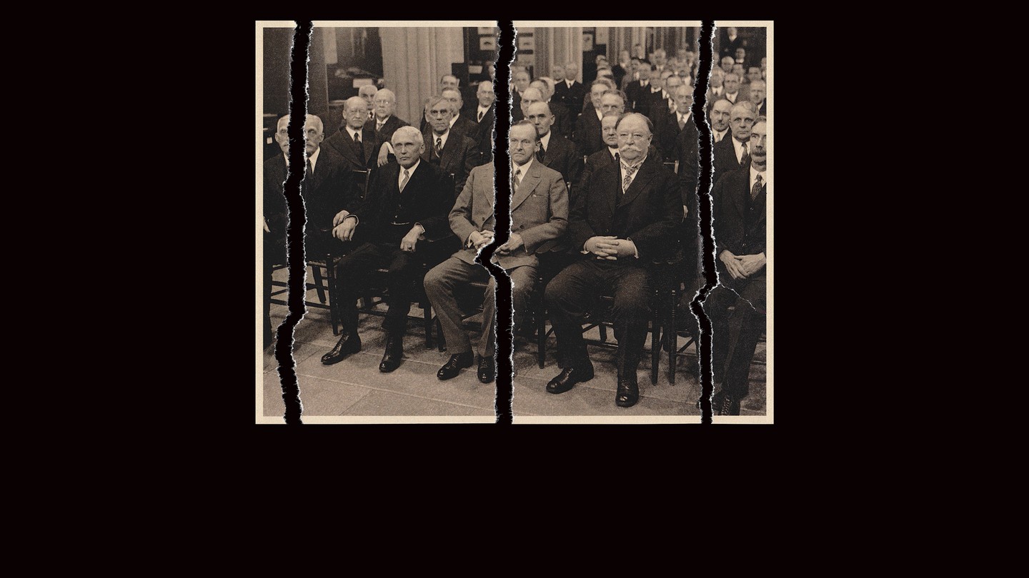 Illustration of a torn photograph of William Howard Taft and a succession of other Republican presidents