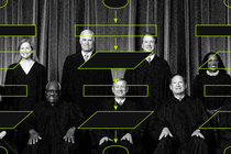 Justices of the Supreme Court positioned behind imagery evoking technical inputs and outputs