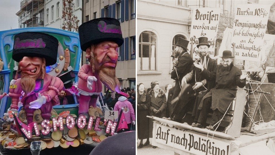 A carnival float in Aalst, Belgium (L), and an archival image of an anti-Semitic float in Marburg, Germany (R)