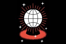 illustration of white globe with longitude/latitude grid as a crystal ball with red glow and white stars on black background