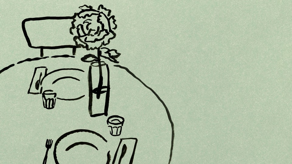 illustration with drawing of round table with two place settings and large flower on green background