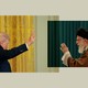 A collage of two photographs of Donald Trump and Ali Khamanei oriented towards each other with hands raised.