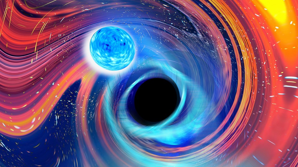 An artistic rendering of a collision between a black hole and a neutron star