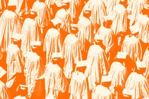 An orange-tinted photo of rows of college graduates wearing caps and gowns