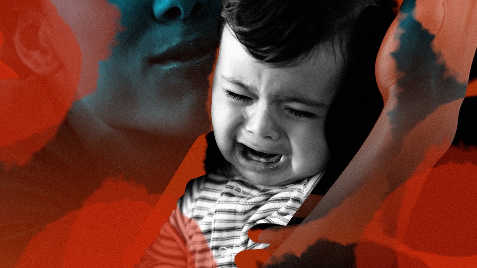 A photo illustration of a crying child next to a parent