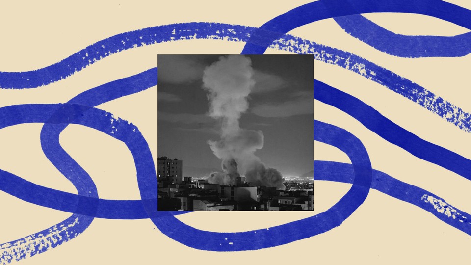 A black-and-white photo of a cloud of smoke after a bombing in Iran, bordered by an illustration