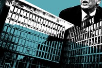 Donald Trump and the exterior of the Theodore Roosevelt Federal Building headquarters of the U.S. Office of Personnel Management