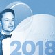 A glass of beer, a Bird scooter, a spoonful of salt crystals, a hippo, Elon Musk, a tennis ball, a moon, and the number 2018