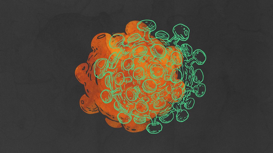 A cartoon drawing of a virus overlaid on a extracellular vesicle