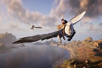 Scene from "Hogwarts Legacy" video game in which boy rides a flying Hippogriff (a magical beast with the front legs, wings, and head of a giant eagle and the body, hind legs and tail of a horse)