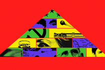 A colorful patchwork illustration of different images arranged into a pyramid. These include a photo of Anthony Fauci, a pickup truck, a hamburger, Justin Trudeau, a map, a hammer and sickle, a crack pipe.