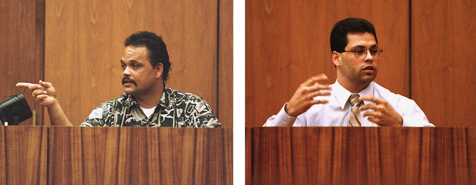 Diptych: two men on the witness stand in a courtroom