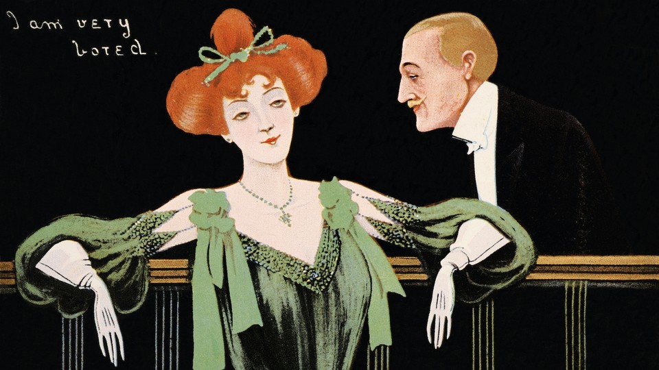 A vintage illustration of a man and woman in formal attire, with the caption "I am very bored"