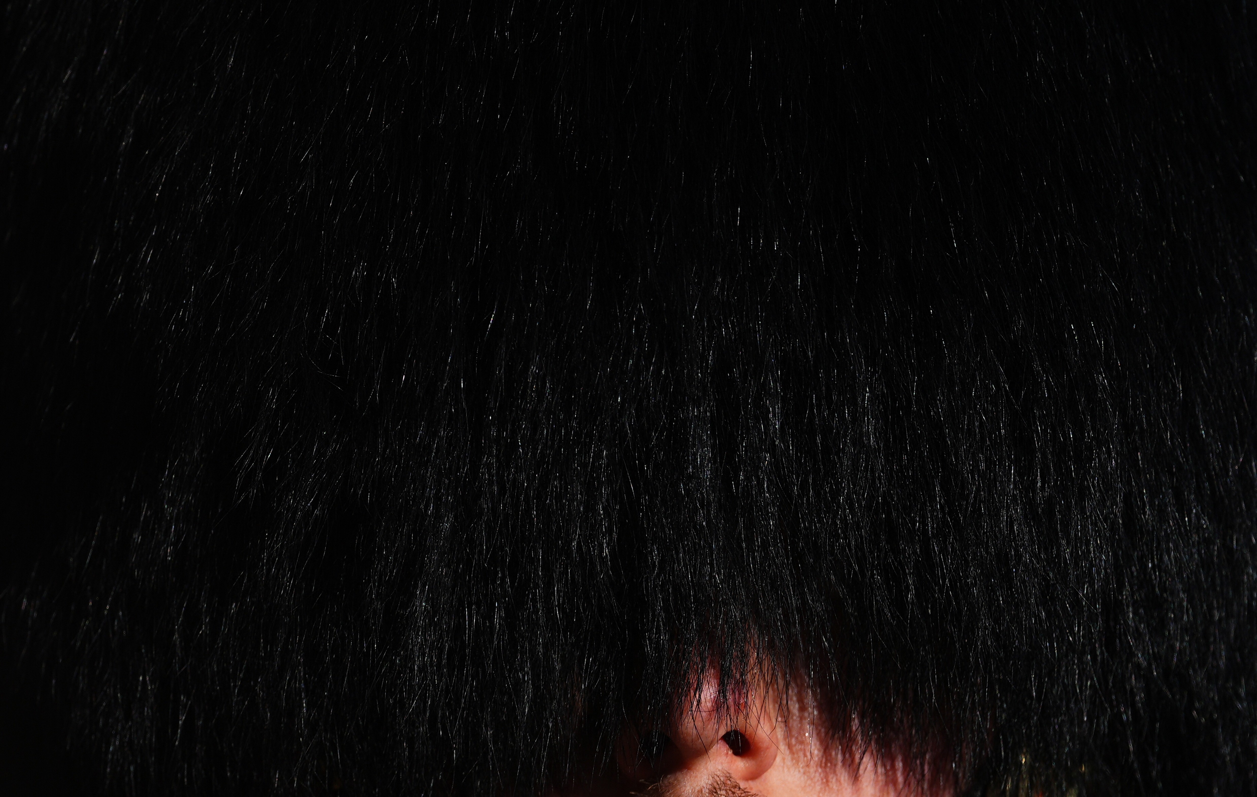 A close view of a soldier in London wearing a bearskin hat, their face almost completely obscured by the hat