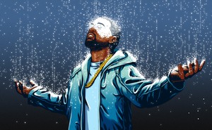 An illustration of cascading droplets turning Kanye West, a black man, white