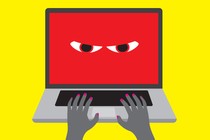 Illustration of a pair of hands with pink-painted nails on a keyboard of a laptop. The laptop screen is entirely red, with a pair of menacing eyes looking out at the user.