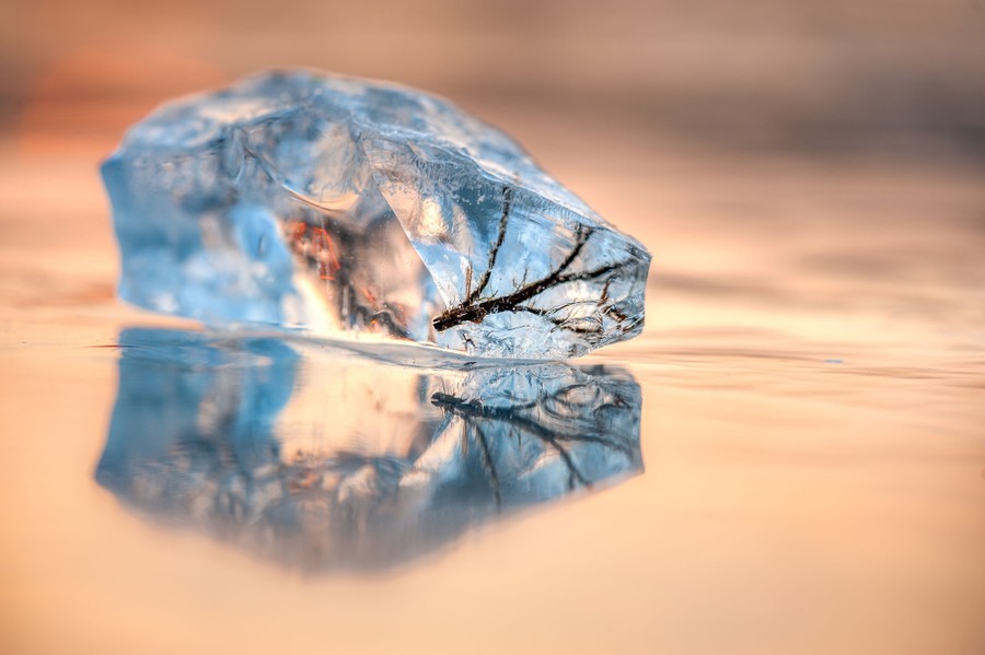 A chunk of ice with a small branch frozen inside sits on a larger stretch of ice.
