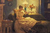 Painting of a woman reading on a couch