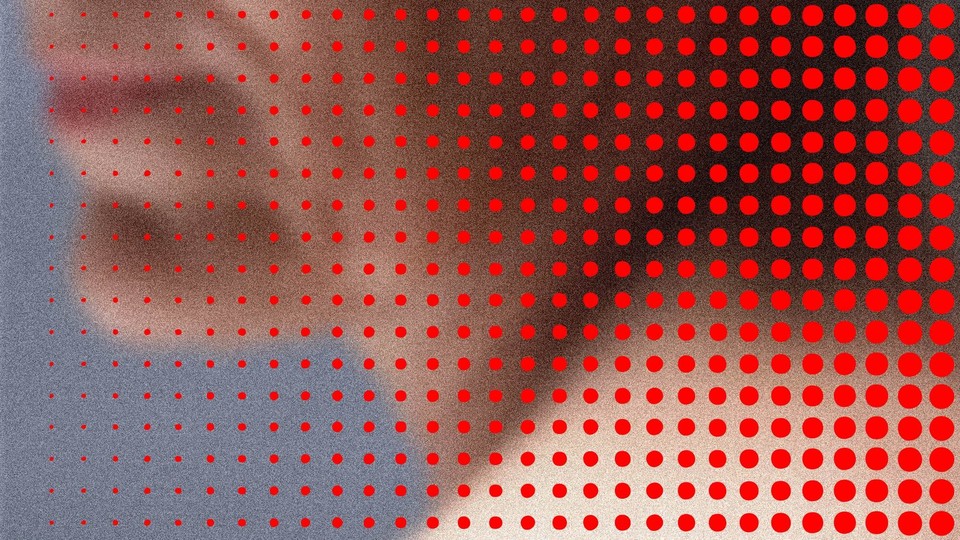 a blurred face with a matrix of red dots growing inside across it