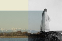 Collage with a black-and-white photo of a Cowichan woman in a blanket standing on a rock and a landscape photo of a mountain range
