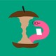 illustration of a worm with glasses taking notes as it inspects a rotten apple