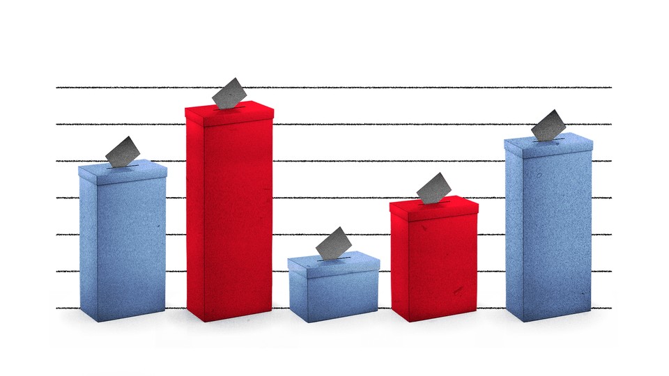Red and blue ballot boxes of varying heights