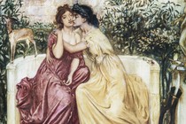 A painting of two women cuddling on a settee