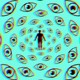 Graphic illustration of line-drawn eyes spiraling outward around a human silhouette in the distance.