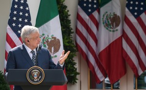 Donald Trump and Mexican President Andres Manuel Lopez Obrador speak at a joint press conference in the Rose Garden of the White House in July 2020.