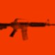 A fuzzy image of an AR-15 rifle against a red backdrop