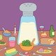 illustration of table set with salad, bread, wine, dominated by enormous shaker of salt on purple background