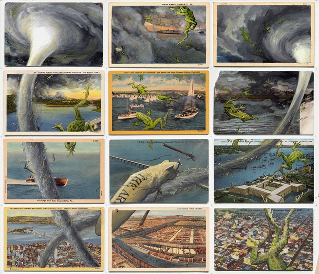 postcard paintings with tornadoes and frogs