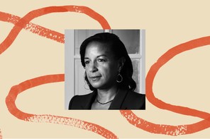 A black-and-white profile photo of former Ambassador Susan Rice surrounded by an illustrated border