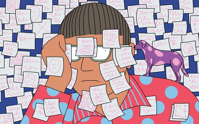 Illustration of a person covered in post-it notes, which a small dog on their shoulder is trying to pull away