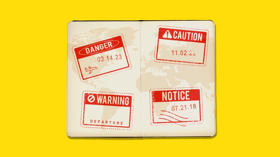 Four small warning signs in a passport that read "danger," "caution," "warning," and "notice"
