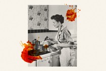 An image of a woman in a kitchen with food splotches on top