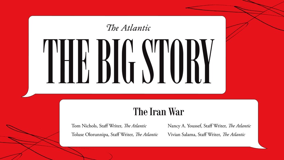 Black text in a white speech bubble on a red background that reads: The Big Story The Iran War