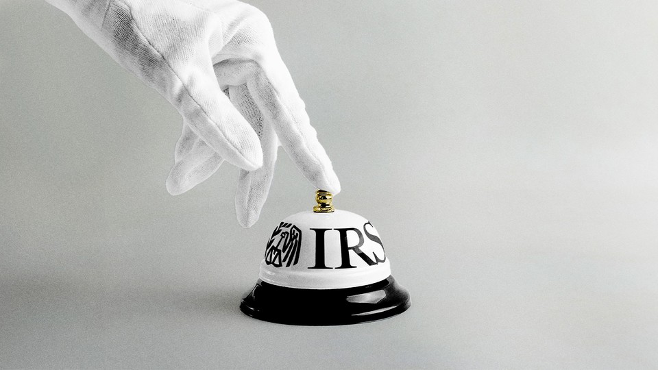 A hand in a white glove rings a bell labeled "IRS"