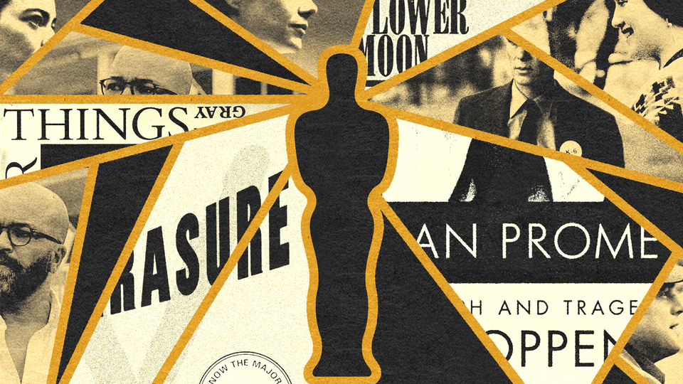 An Oscars statuette over a collage of stills and book covers from the nominated films