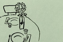illustration with drawing of round table with two place settings and large flower on green background