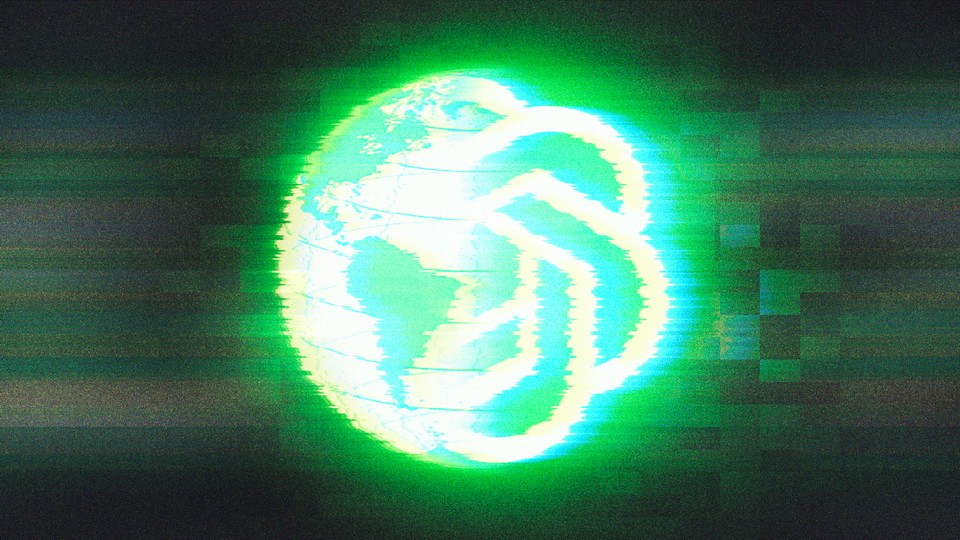 Illustration of the OpenAI logo intersecting with the globe