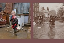 Two photos, one current and one historical, of floods