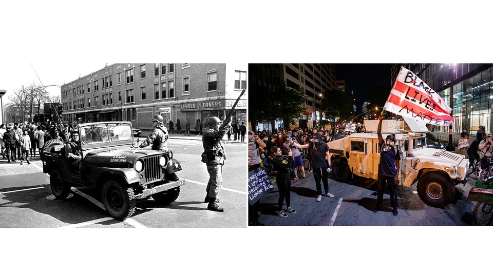 Left: National Guardsmen on a street in Chicago on April 6, 1968, two days after the assassination of Martin Luther King Jr. Right: Protesters gather around a National Guard vehicle on a street in Washington, DC on June 2, 2020, just over a week after the killing of George Floyd.