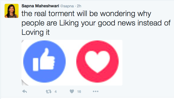 A tweet that says: 'the real torment will be wondering why people are Liking your good news instead of Loving it'