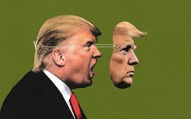 An illustration of Donald Trump with a mask on his face.